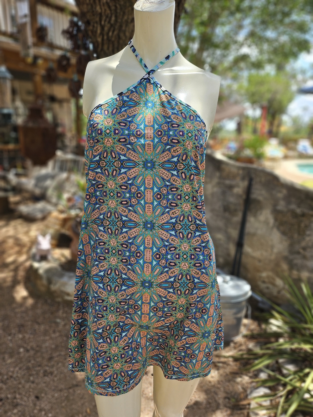 Printed Blue Poly Spandex Halter Swim Coverup Multicolor Kaleidoscope Pattern S